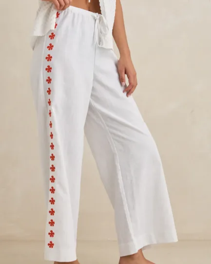 Rhythm Melia Floral Embroidered Beach Pant White